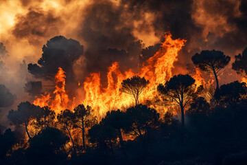An intense blaze sweeping through a dry forest, flames towering over the trees as thick smoke fills the air, rapidly consuming everything in its path