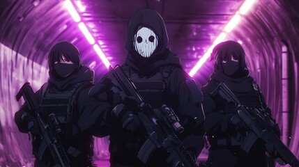 Three masked figures with guns in a neon lit tunnel, cyberpunk theme