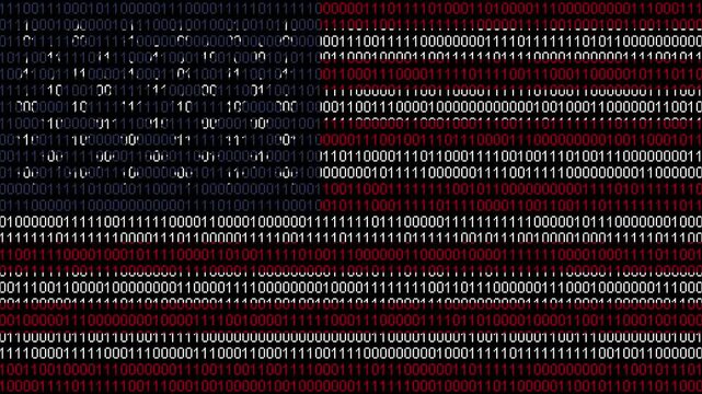 Binary code on flag of United States. Program source code or Hacker concept on American or United States of America flag, US flag, States flag. USA digital technology security.