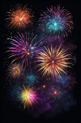 Fototapeta premium Colorful fireworks display on dark background celebrating New Year or holiday events