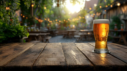 Wooden Table is outdoors with a Glass of Beer in the Garden