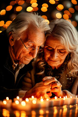 Portrait of senior couple with candles on christmas lights background.