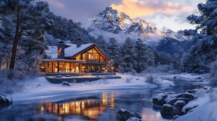 Fototapeta premium A cozy wooden cabin nestled in a snowy mountain landscape with a river flowing through it. The cabin is lit up and has a large window that shows the inside of the house. 