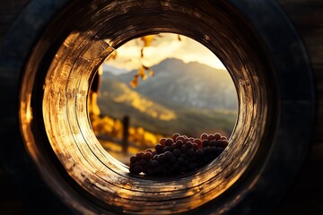 Sunset view from inside a wooden wine barrel with grapes in the foreground, set against a vineyard...