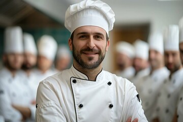 chef standing proudly in front of his team, showcasing leadership and teamwork in a hospitality setting.