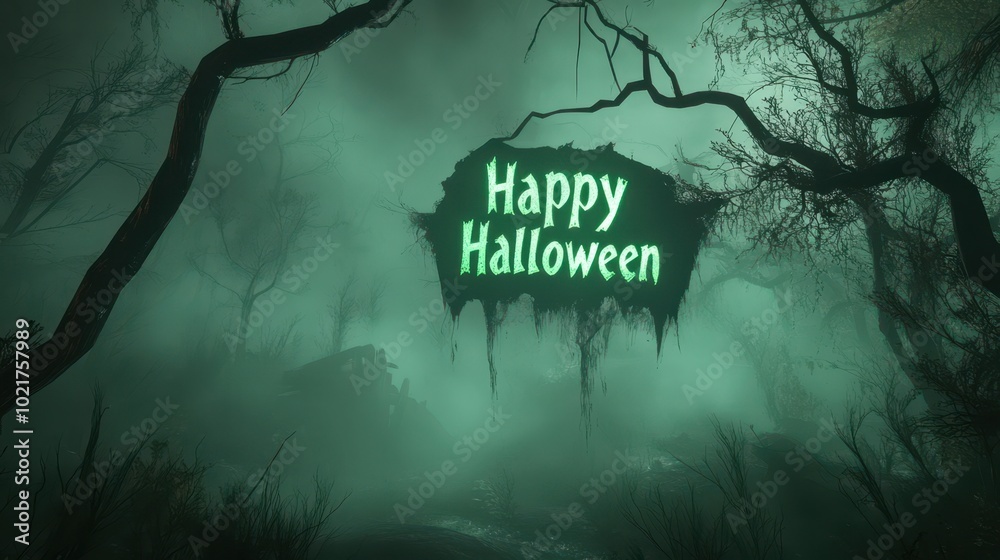 Wall mural 3D render of floating Happy Halloween letters in glowing green surrounded by eerie fog and twisted branches in a haunted forest