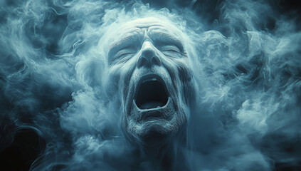 Suffering face of ghost made of smoke and mist on dark background. Halloween, spooky season
