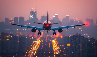 Fototapeta premium A commercial airplane descends at sunset over a vibrant city skyline.