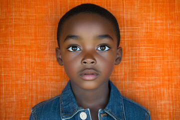 A young boy with brown hair and brown eyes is wearing a blue jacket. He is looking directly at the camera