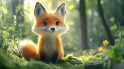 Obraz premium Cute 3D Illustration of a Fox in a Forest
