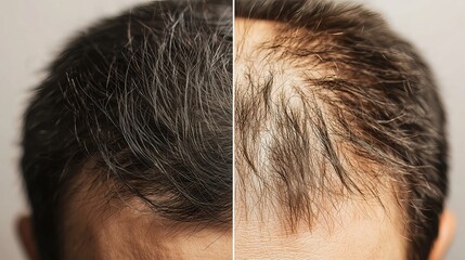 Close-up image highlighting the contrast between full hair and significant hair loss for visualization of hair treatment effects.