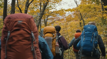 Fototapeta premium Group of backpackers explore a vibrant autumn forest, surrounded by golden leaves and nature's beauty, showcasing outdoor adventure.