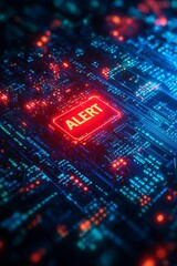 Futuristic digital circuit board with an illuminated 'ALERT' sign in glowing red.