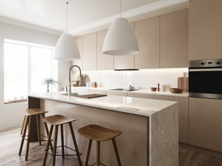 Experience a modern minimalist kitchen with an elegant design and abundant natural light