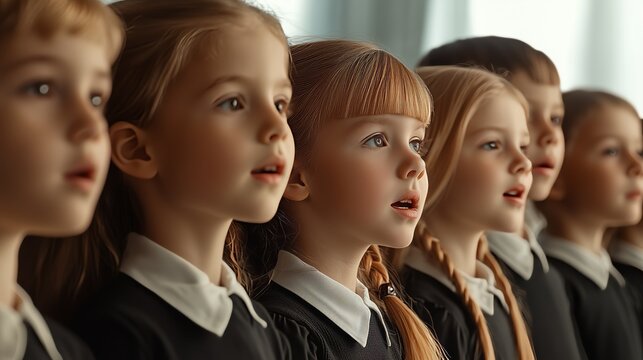 A group of children in school uniforms sings together, showcasing harmony and teamwork in a choir performance.