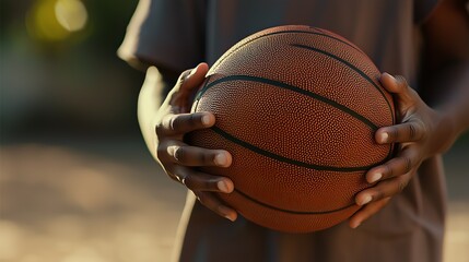 A child holds a basketball outdoors, capturing a moment of play in warm, natural light with a soft background.