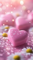 Obraz premium Sweet, Heart Shaped Gummy Candy, Pink, With Sugar with Flowers Around, Abstract Image, Texture, Pattern Background, Wallpaper, Cover and Screen of Smartphone, PC, Laptop, 9:16 and 16:9 Format