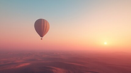 Obraz premium A hot air balloon soars above a desert at twilight, illuminated by an orange horizon