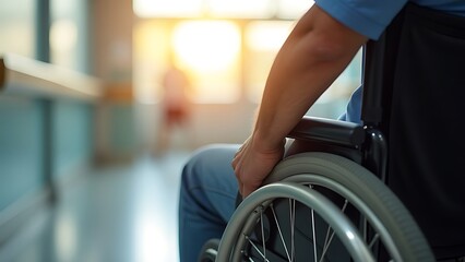 Obraz premium Man sitting in wheelchair close up hand holding wheelchair, hospital background, bokeh, sunlight 