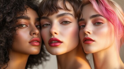 Fototapeta premium Three diverse women showcasing natural makeup looks and confident expressions, highlighting beauty diversity and individual style.