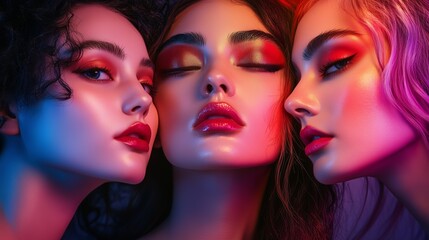 Obraz premium Three women with bold makeup and lighting create a striking, colorful portrait showcasing artistic beauty and vivid expressions.