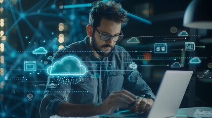 Professional man working on a laptop with abstract cloud