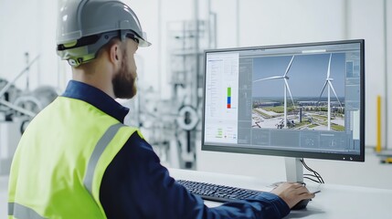 Engineer analyzing wind turbine performance on computer screen in a modern industrial setting.
