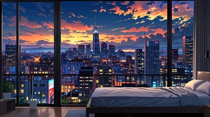 beautiful city view from the window, anime styel