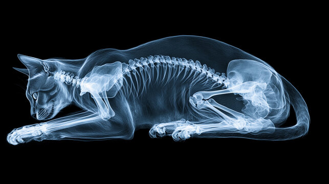 A cat skeleton is shown in a black and white photo. The image has a moody and eerie feel to it, as the skeleton is laid out on a black background