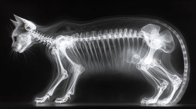 A skeleton cat is shown in a black and white photo. The image is a close up of the cat's skeleton, with the bones clearly visible. Concept of the cat's form and structure, emphasizing its bones