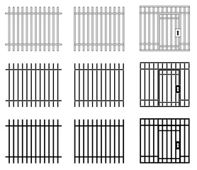 Cartoon Jail or Prison Bars with Locked Fence Gate Vector Clipart Set - Outline, Silhouette and Stamp