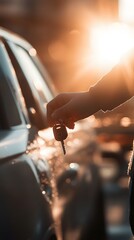 A close-up of a hand holding car keys, with an out-of-focus background showing part or all of the vehicle in soft focus