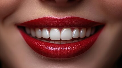 Fototapeta premium Close-up of a woman's mouth, red lip, white smile on her face