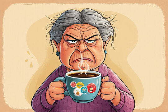 grumpy old woman holding coffee cup, sticker illustration