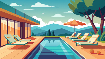 The pool deck with large windows overlooking the outdoor scenery and a variety of poolside lounge chairs for relaxing.