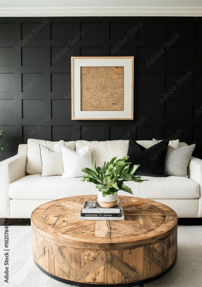 Wall mural With black wood paneling walls and an art work frame, this modern living room has an interior design that is minimal and contemporary.