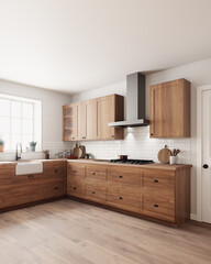 Modern country kitchen with beautiful wood cabinets combined with abundant natural light