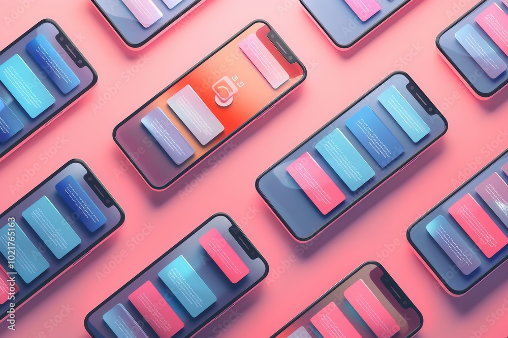 Poster multiple smartphones showcase colorful stories and dynamic short videos, emphasizing the influence o