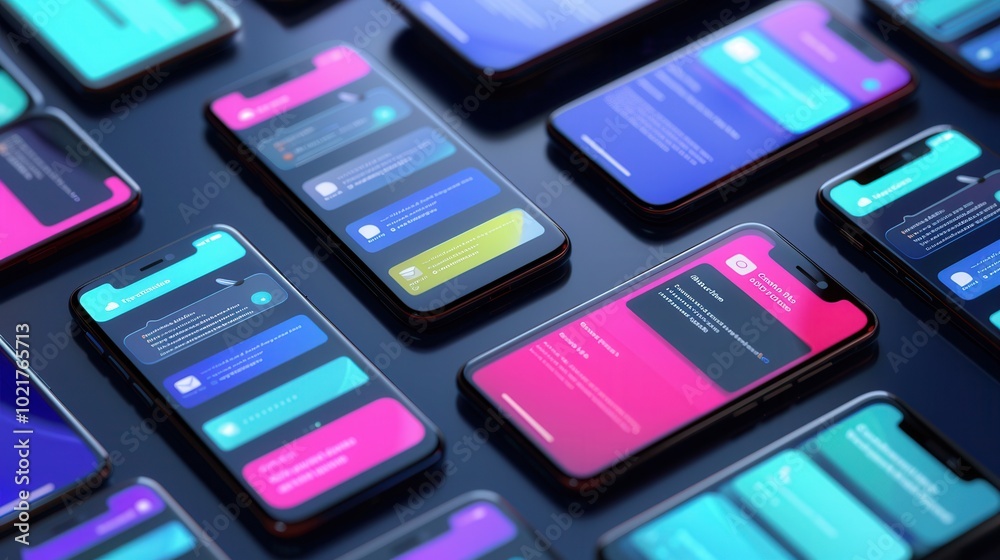 Poster Multiple smartphones are illuminated and arranged together, showcasing various vibrant stories and short videos in an engaging layout. Generative AI