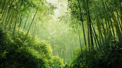 Obraz premium A painting depicts a sunlit bamboo path surrounded by leafy trees on both sides