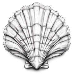 A detailed illustration of a seashell, drawn in black and white.