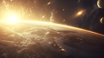 Earth in space with meteors and a fiery sunrise. Concept of end of the world, apocalyptic future, climate change, danger, and the unknown