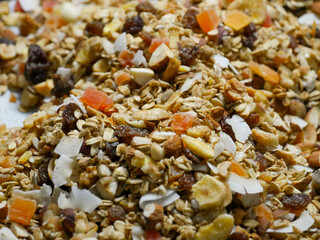 Close-up of home made muesli on a baking sheet.