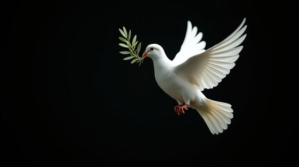 Obraz premium A white dove in mid-flight carrying a green olive branch, symbolizing peace against a dark background