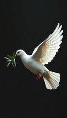 Fototapeta premium A white dove in mid-flight carrying a green olive branch, symbolizing peace against a dark background