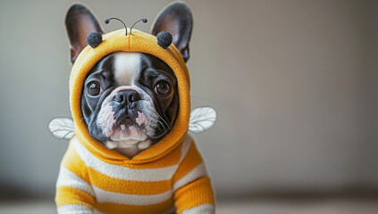 Dog with halloween bee costume. Funny grumpy cute french bulldog dressed up bee. Creative pet animal fashion character concept, holiday festive season comic humor greeting card wallpaper, copy space.