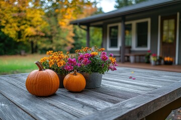 an outdoor wooden table with pumpkins and flowers, in front of a house The background is blurred to emphasize the autumn decorations on the wood Generative AI