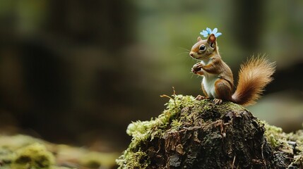 Obraz premium A blue-flowered squirrel perches on a mossy log in the forest