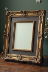 Elegant vintage picture frame displayed on a small wooden easel in a softly patterned background, perfect for showcasing cherished memories