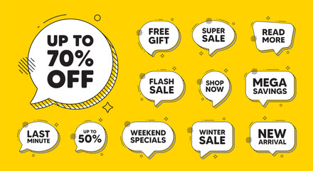 Offer speech bubble icons. Up to 70 percent off sale. Discount offer price sign. Special offer symbol. Save 70 percentages. Discount tag chat offer. Speech bubble discount banner. Vector